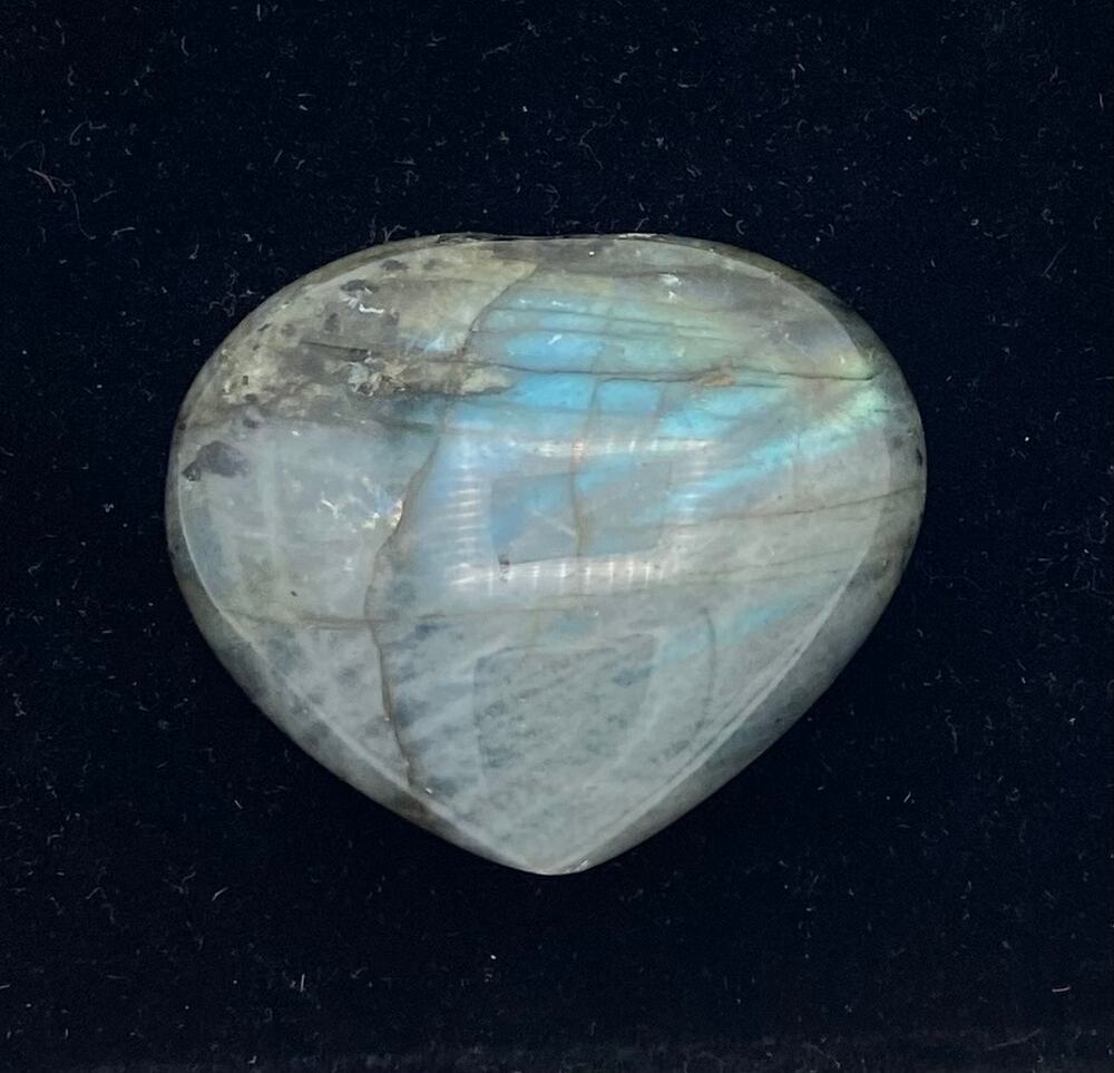 Labradorite Heart Shaped Palm Stone Paperweight 1 7/8” Carved Iridescent Stone